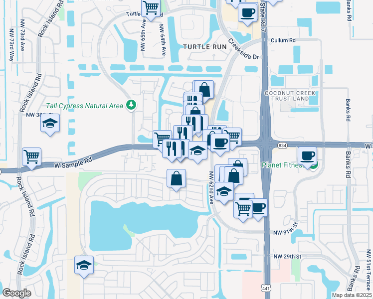 map of restaurants, bars, coffee shops, grocery stores, and more near in Coral Springs