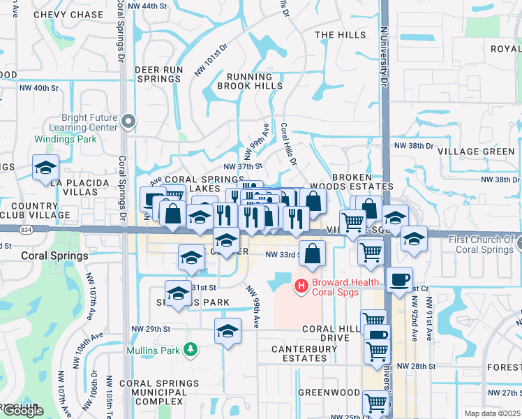 map of restaurants, bars, coffee shops, grocery stores, and more near 3521 Northwest 99th Avenue in Coral Springs