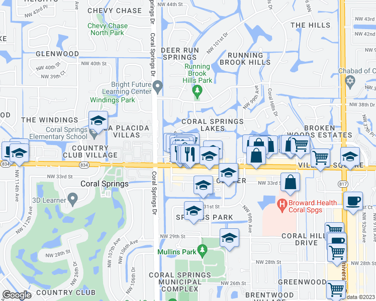 map of restaurants, bars, coffee shops, grocery stores, and more near 10301 Northwest 35th Street in Coral Springs
