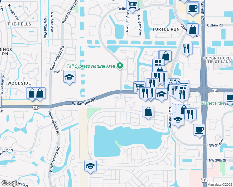 map of restaurants, bars, coffee shops, grocery stores, and more near 6368 West Sample Road in Coral Springs