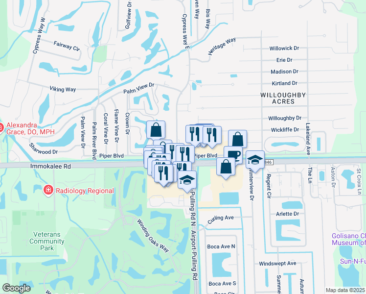 map of restaurants, bars, coffee shops, grocery stores, and more near 114 Cypress Way East in Naples