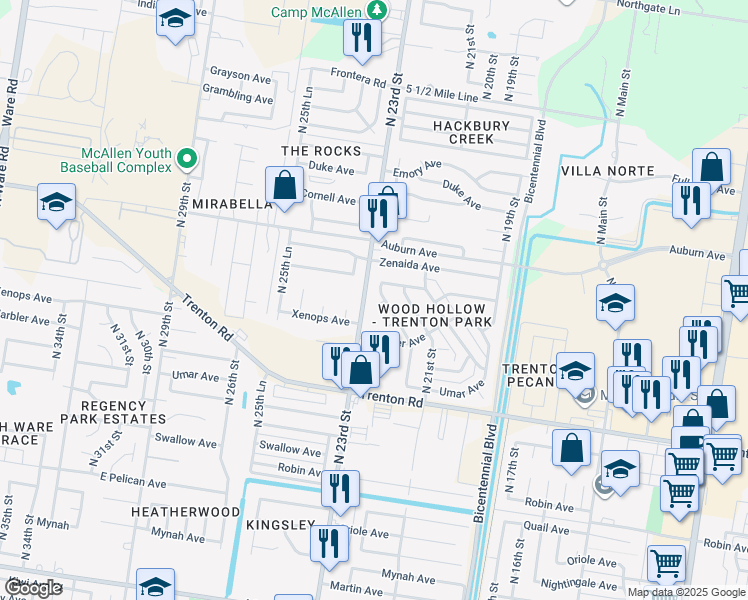 map of restaurants, bars, coffee shops, grocery stores, and more near 2204 Xenops Court in McAllen