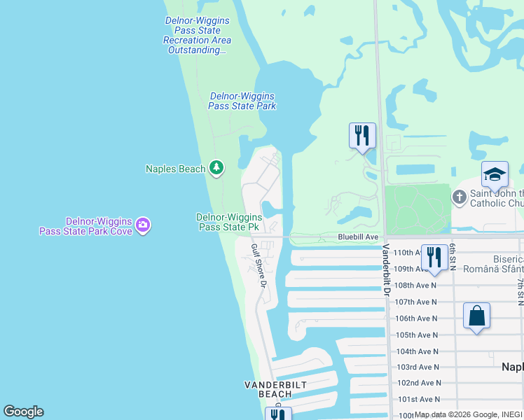 map of restaurants, bars, coffee shops, grocery stores, and more near 39 Bluebill Avenue in Naples