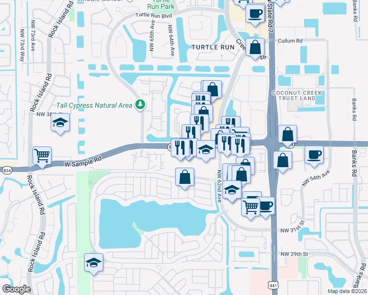 map of restaurants, bars, coffee shops, grocery stores, and more near 6128 West Sample Road in Coral Springs