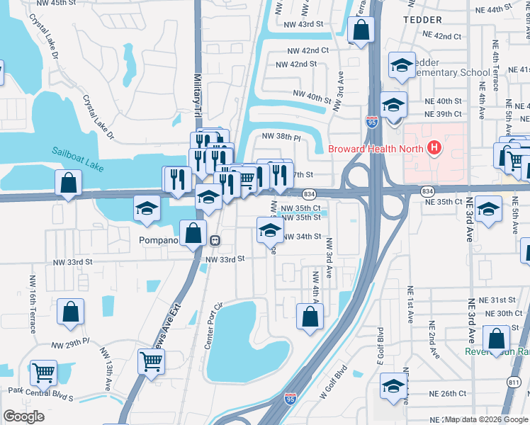 map of restaurants, bars, coffee shops, grocery stores, and more near 3551 Northwest 5th Terrace in Pompano Beach