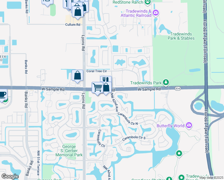 map of restaurants, bars, coffee shops, grocery stores, and more near 4351 Florida 834 in Coconut Creek