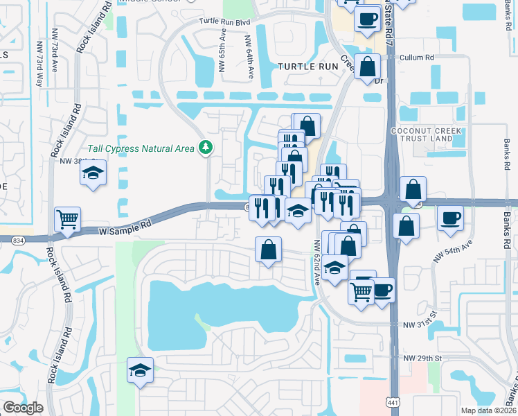 map of restaurants, bars, coffee shops, grocery stores, and more near 6128 West Sample Road in Coral Springs