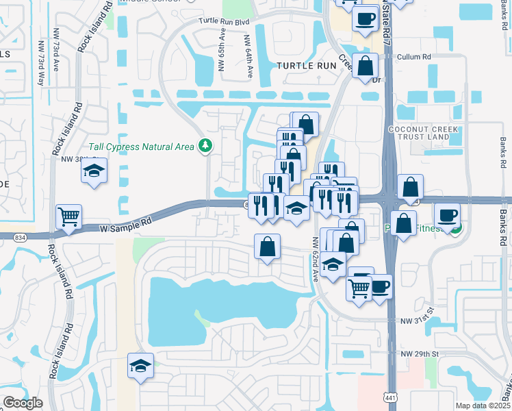 map of restaurants, bars, coffee shops, grocery stores, and more near 6128 West Sample Road in Coral Springs