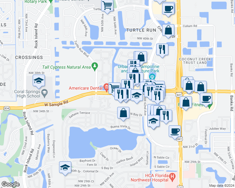 map of restaurants, bars, coffee shops, grocery stores, and more near 6233 West Sample Road in Coral Springs