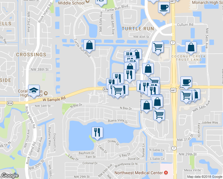 map of restaurants, bars, coffee shops, grocery stores, and more near 6233 West Sample Road in Coral Springs