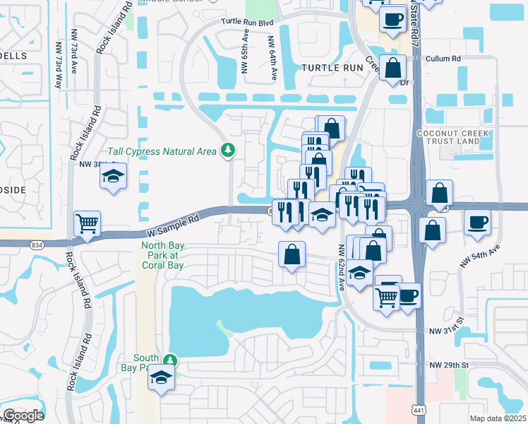 map of restaurants, bars, coffee shops, grocery stores, and more near 6233 West Sample Road in Coral Springs