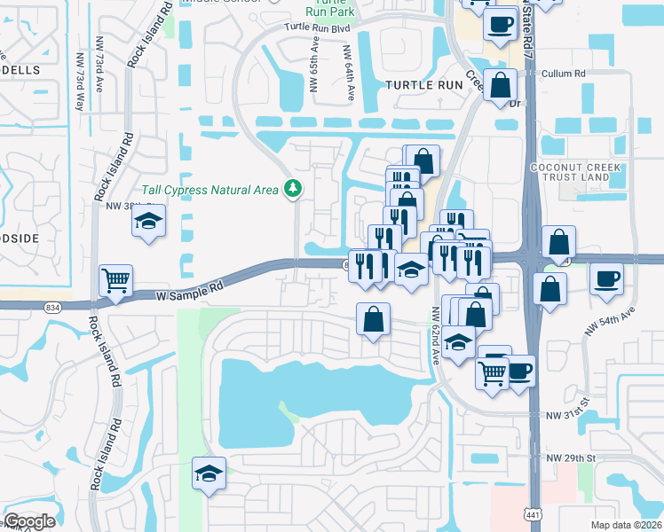 map of restaurants, bars, coffee shops, grocery stores, and more near 6233 West Sample Road in Coral Springs