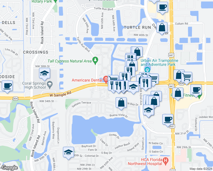 map of restaurants, bars, coffee shops, grocery stores, and more near 6233 West Sample Road in Coral Springs