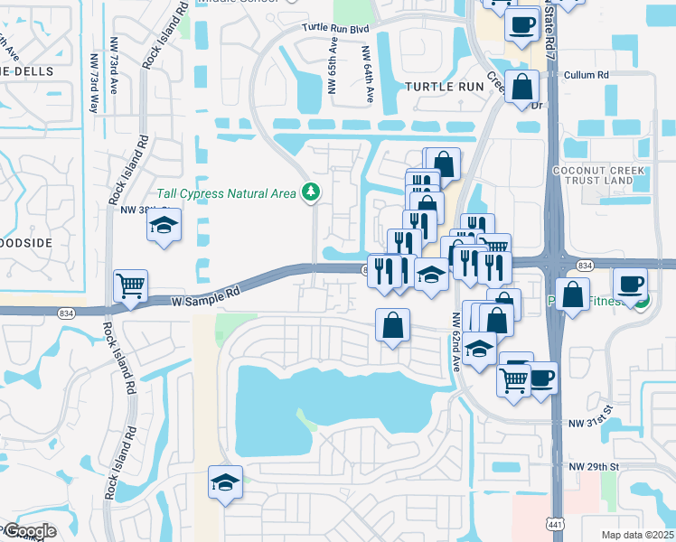 map of restaurants, bars, coffee shops, grocery stores, and more near 6301 West Sample Road in Coral Springs