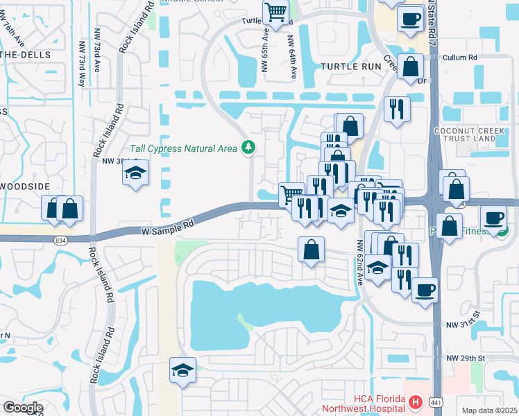 map of restaurants, bars, coffee shops, grocery stores, and more near 6301 West Sample Road in Coral Springs