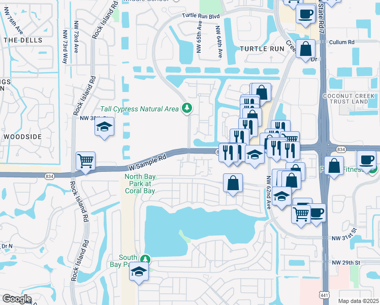 map of restaurants, bars, coffee shops, grocery stores, and more near 6301 West Sample Road in Coral Springs