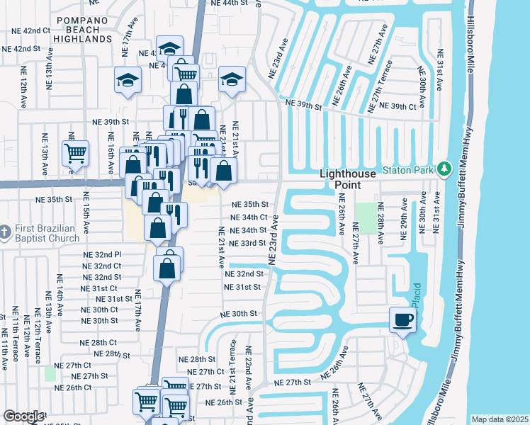 map of restaurants, bars, coffee shops, grocery stores, and more near 2231 Northeast 34th Court in Lighthouse Point