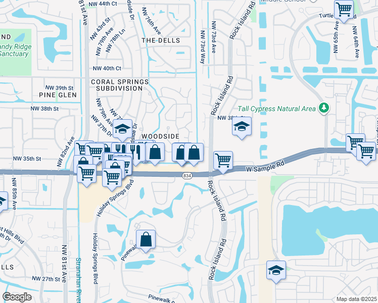 map of restaurants, bars, coffee shops, grocery stores, and more near 3555 Orchid Drive in Coral Springs