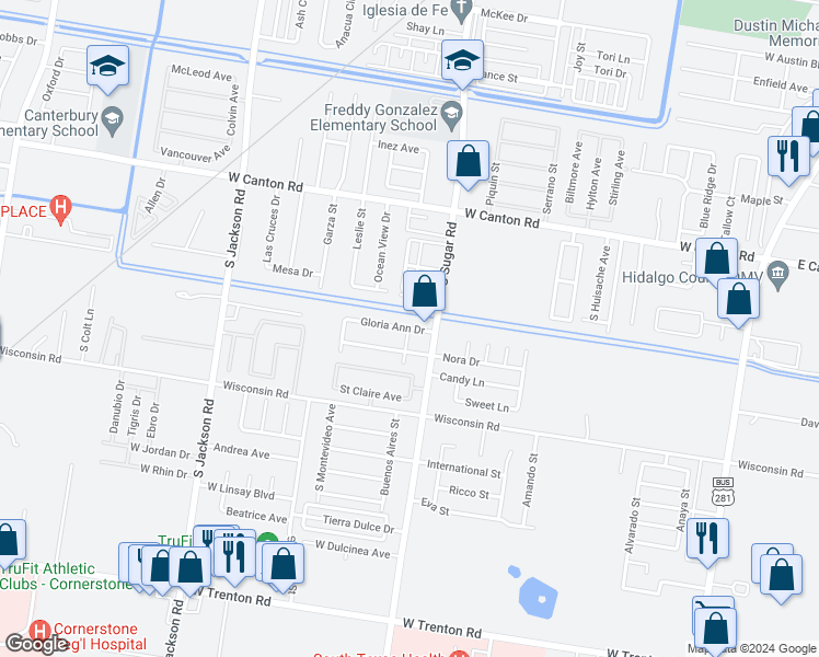 map of restaurants, bars, coffee shops, grocery stores, and more near Gloria Ann Drive in Edinburg