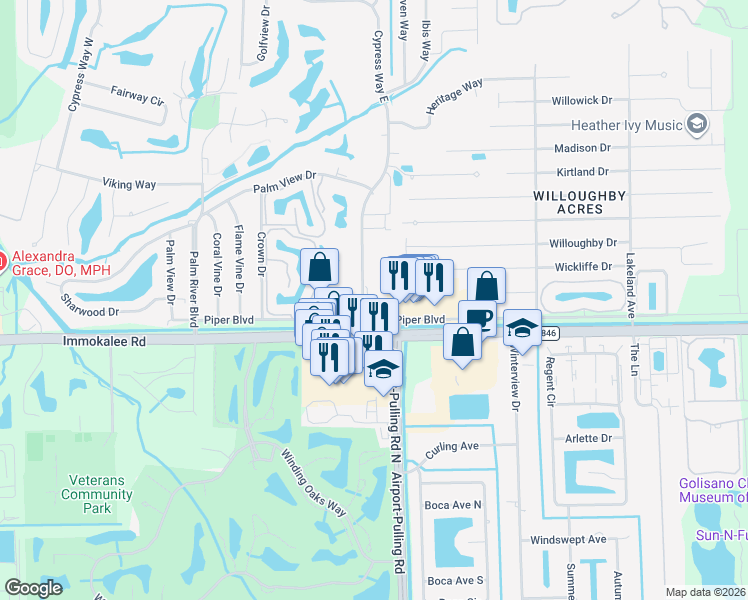 map of restaurants, bars, coffee shops, grocery stores, and more near 114 Cypress Way East in Naples