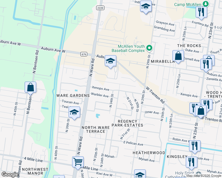 map of restaurants, bars, coffee shops, grocery stores, and more near 3404 Xenops Avenue in McAllen
