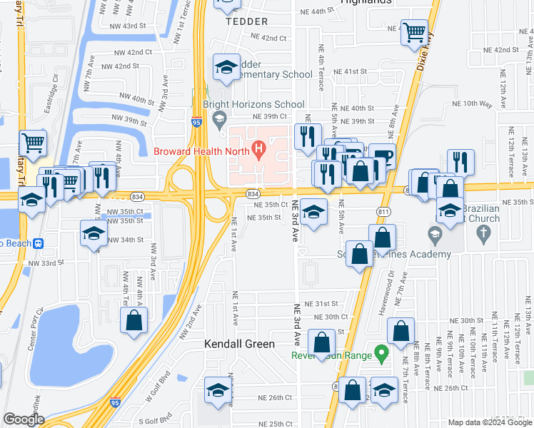 map of restaurants, bars, coffee shops, grocery stores, and more near 141 Northeast 35th Street in Pompano Beach