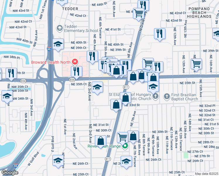 map of restaurants, bars, coffee shops, grocery stores, and more near 500 Northeast 35th Street in Pompano Beach