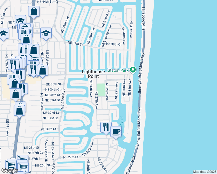 map of restaurants, bars, coffee shops, grocery stores, and more near 2816 Northeast 35th Street in Lighthouse Point