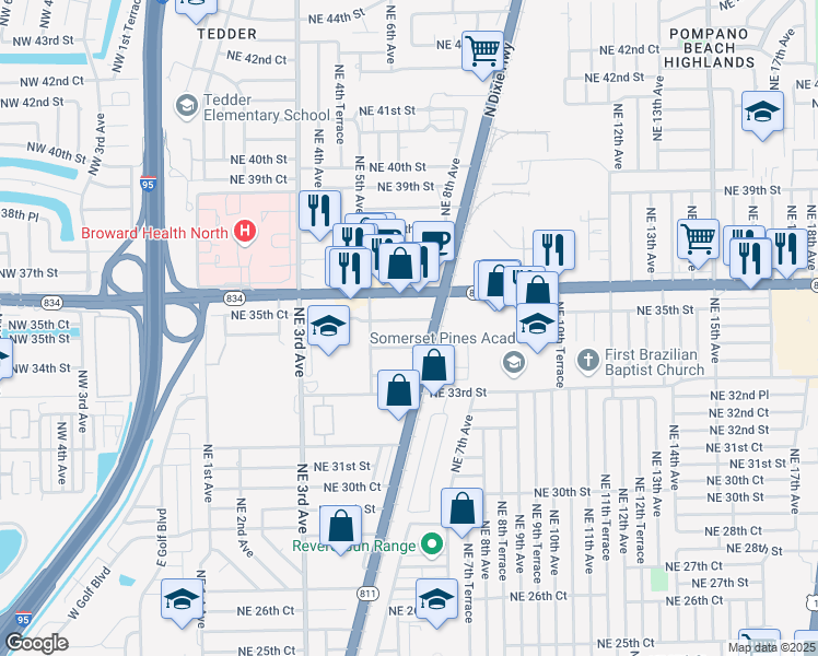 map of restaurants, bars, coffee shops, grocery stores, and more near 620 Northeast 35th Street in Pompano Beach