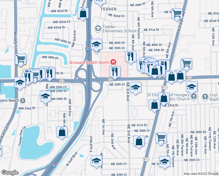 map of restaurants, bars, coffee shops, grocery stores, and more near 3511 Northeast 1st Terrace in Pompano Beach