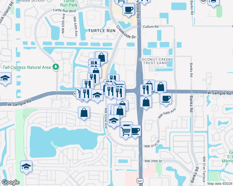 map of restaurants, bars, coffee shops, grocery stores, and more near in Coral Springs