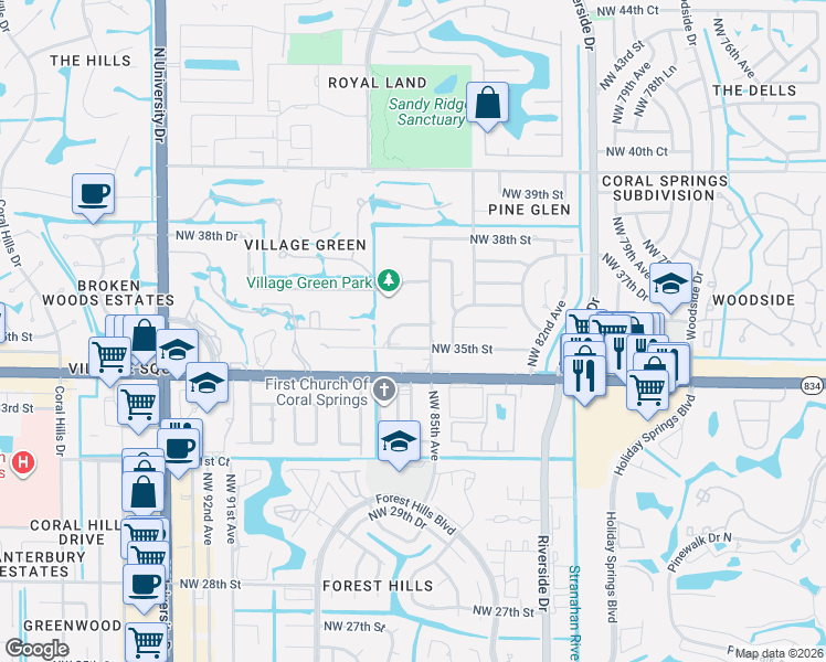 map of restaurants, bars, coffee shops, grocery stores, and more near 35 Kathy Court in Coral Springs