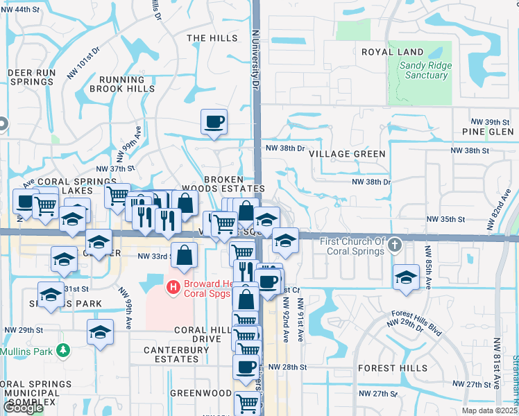 map of restaurants, bars, coffee shops, grocery stores, and more near 3481 North University Drive in Coral Springs