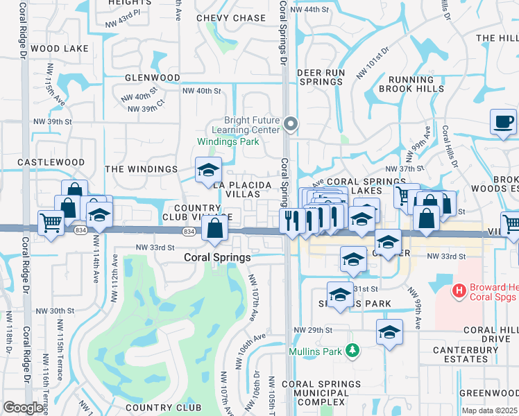 map of restaurants, bars, coffee shops, grocery stores, and more near 3664 Coral Springs Drive in Coral Springs