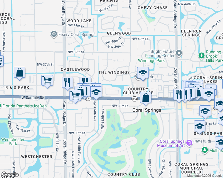 map of restaurants, bars, coffee shops, grocery stores, and more near 11155 Northwest 34th Place in Coral Springs