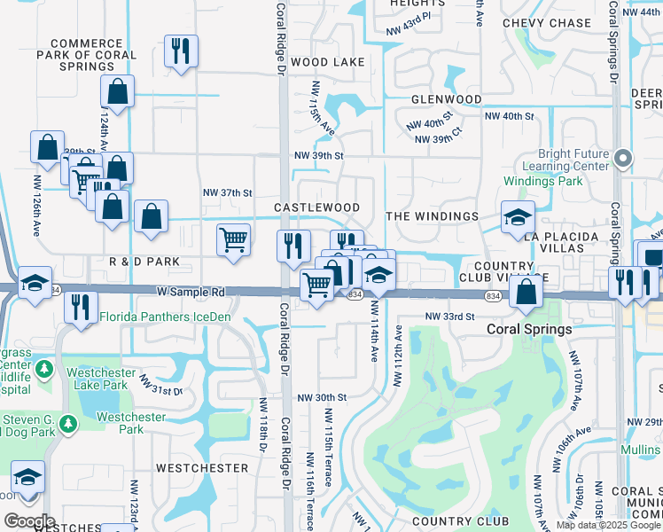 map of restaurants, bars, coffee shops, grocery stores, and more near 3501 Northwest 114th Lane in Coral Springs