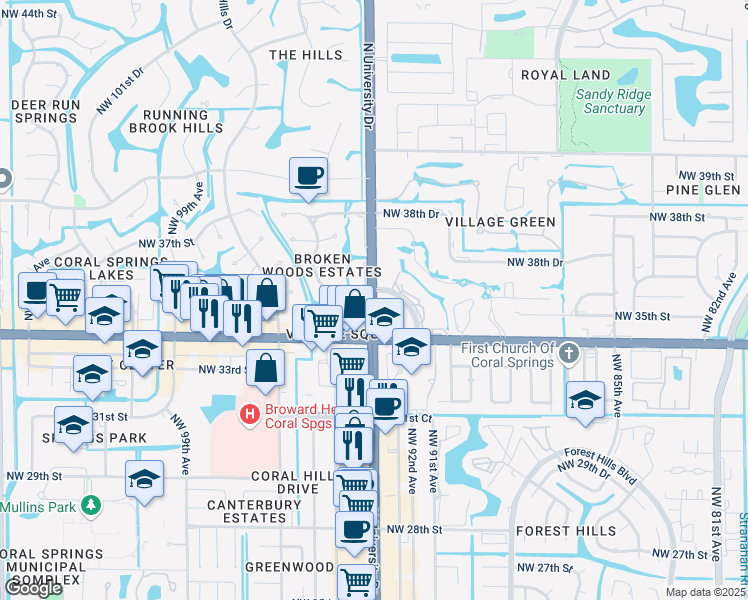 map of restaurants, bars, coffee shops, grocery stores, and more near 3481 North University Drive in Coral Springs