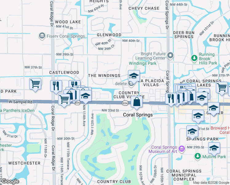 map of restaurants, bars, coffee shops, grocery stores, and more near 3462 Northwest 110th Way in Coral Springs