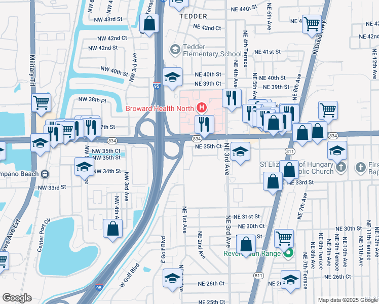 map of restaurants, bars, coffee shops, grocery stores, and more near 3511 Northeast 1st Terrace in Pompano Beach