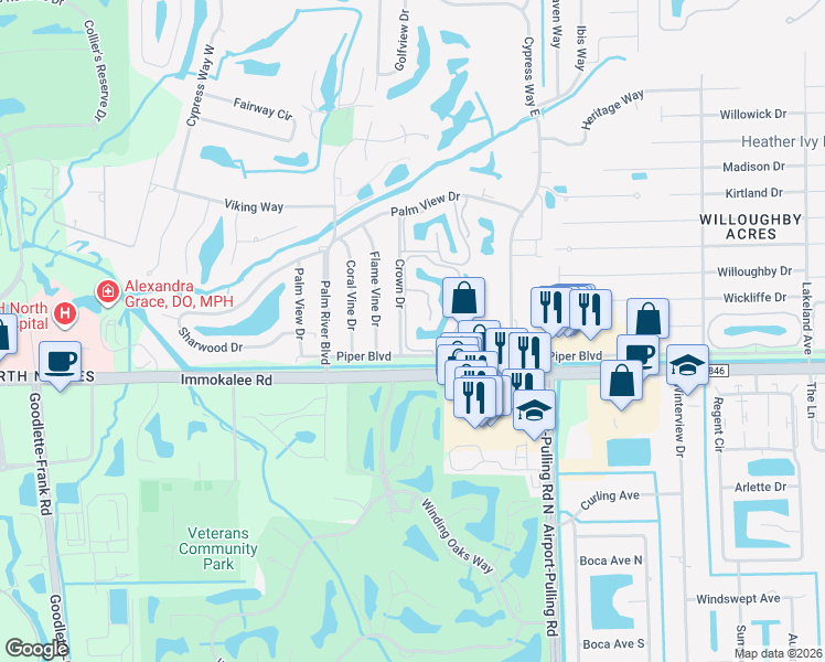 map of restaurants, bars, coffee shops, grocery stores, and more near 117 Crown Drive in Naples