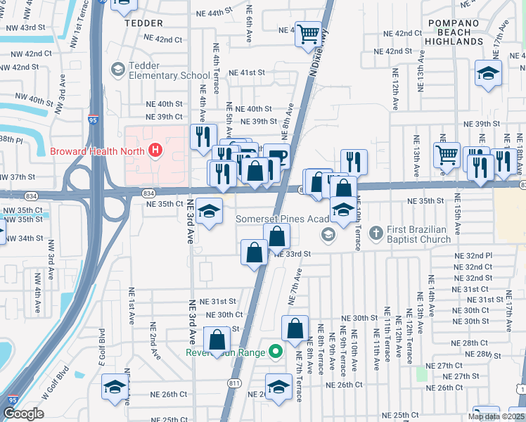 map of restaurants, bars, coffee shops, grocery stores, and more near 620 Northeast 35th Street in Pompano Beach