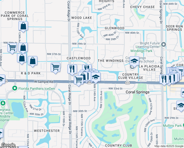 map of restaurants, bars, coffee shops, grocery stores, and more near 11453 Northwest 35th Street in Coral Springs