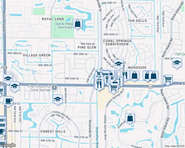 map of restaurants, bars, coffee shops, grocery stores, and more near 3505 Northwest 82nd Avenue in Coral Springs