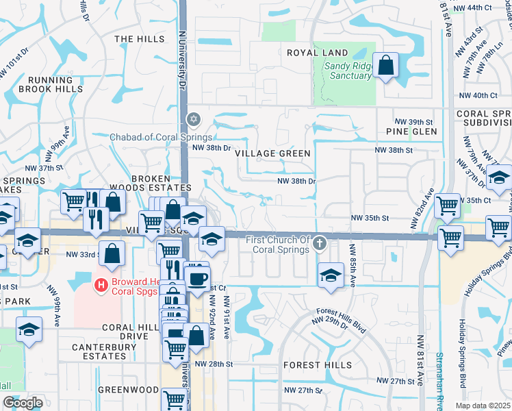 map of restaurants, bars, coffee shops, grocery stores, and more near 9067 Thunderbird Drive in Coral Springs