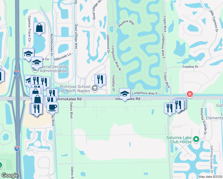 map of restaurants, bars, coffee shops, grocery stores, and more near 10843 Fieldfair Drive in Naples