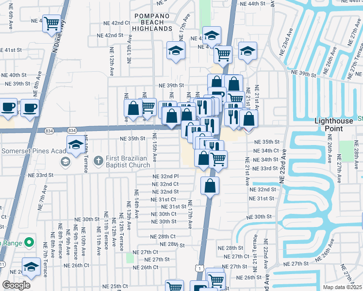 map of restaurants, bars, coffee shops, grocery stores, and more near 3459 North Federal Highway in Pompano Beach