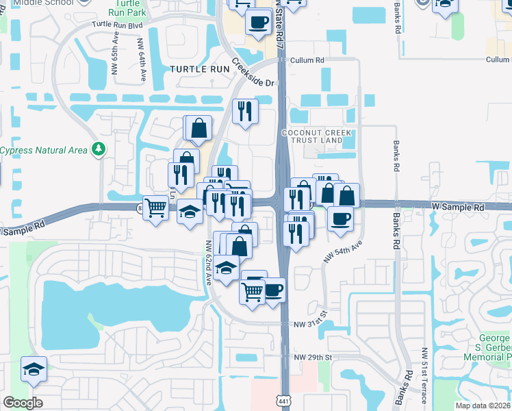 map of restaurants, bars, coffee shops, grocery stores, and more near 5920 West Sample Road in Coral Springs