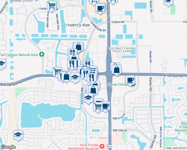 map of restaurants, bars, coffee shops, grocery stores, and more near in Coral Springs