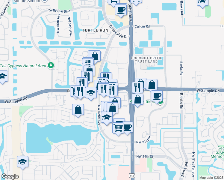 map of restaurants, bars, coffee shops, grocery stores, and more near in Coral Springs