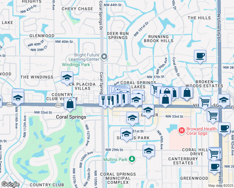 map of restaurants, bars, coffee shops, grocery stores, and more near 3550 Northwest 104th Avenue in Coral Springs
